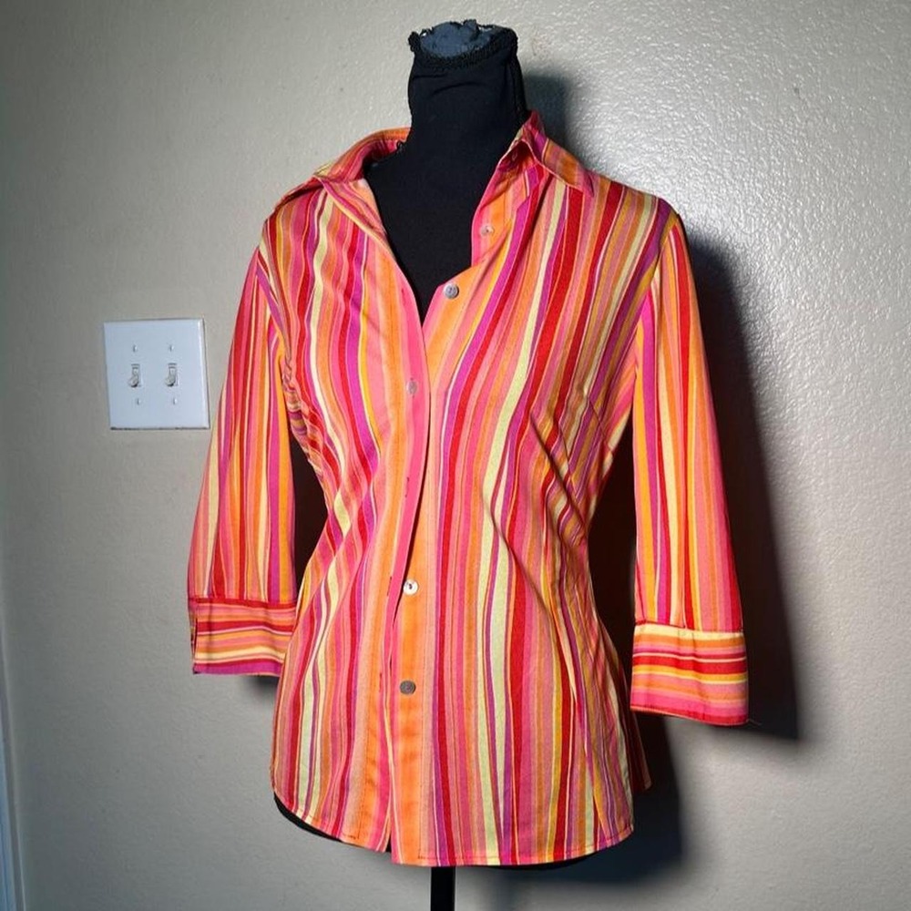Mario Y2K Pink Orange Striped Button Up Blouse Fitted Retro 90s Top Size 42 L